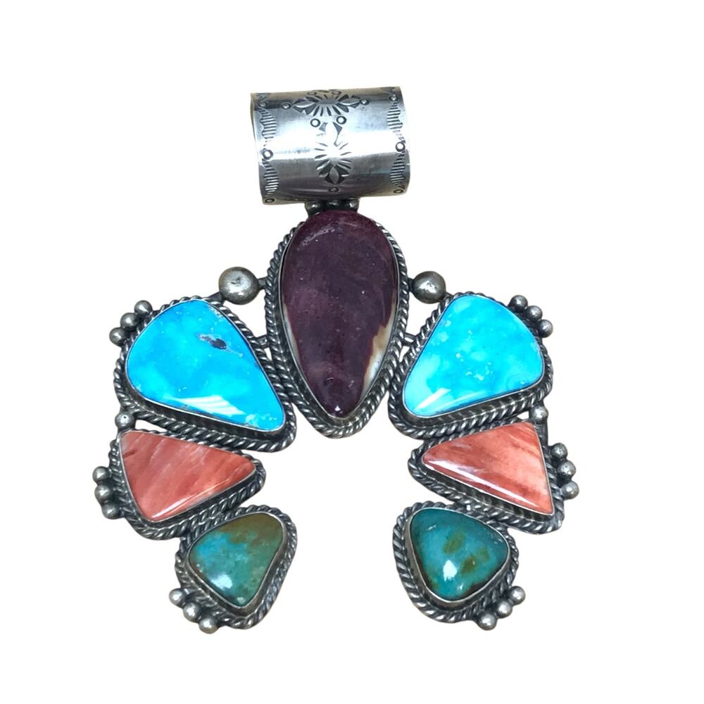 YAZZIE Bold Navajo Squash Blossom Pendant Spiny Oyster Turquoise Coral 84g